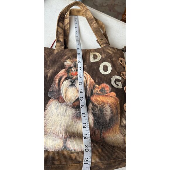 For Nine Dark Brown Corduroy Shih Tzu Dog Theme Shoulder Bag w/Leather Tassels - Picture 8 of 13
